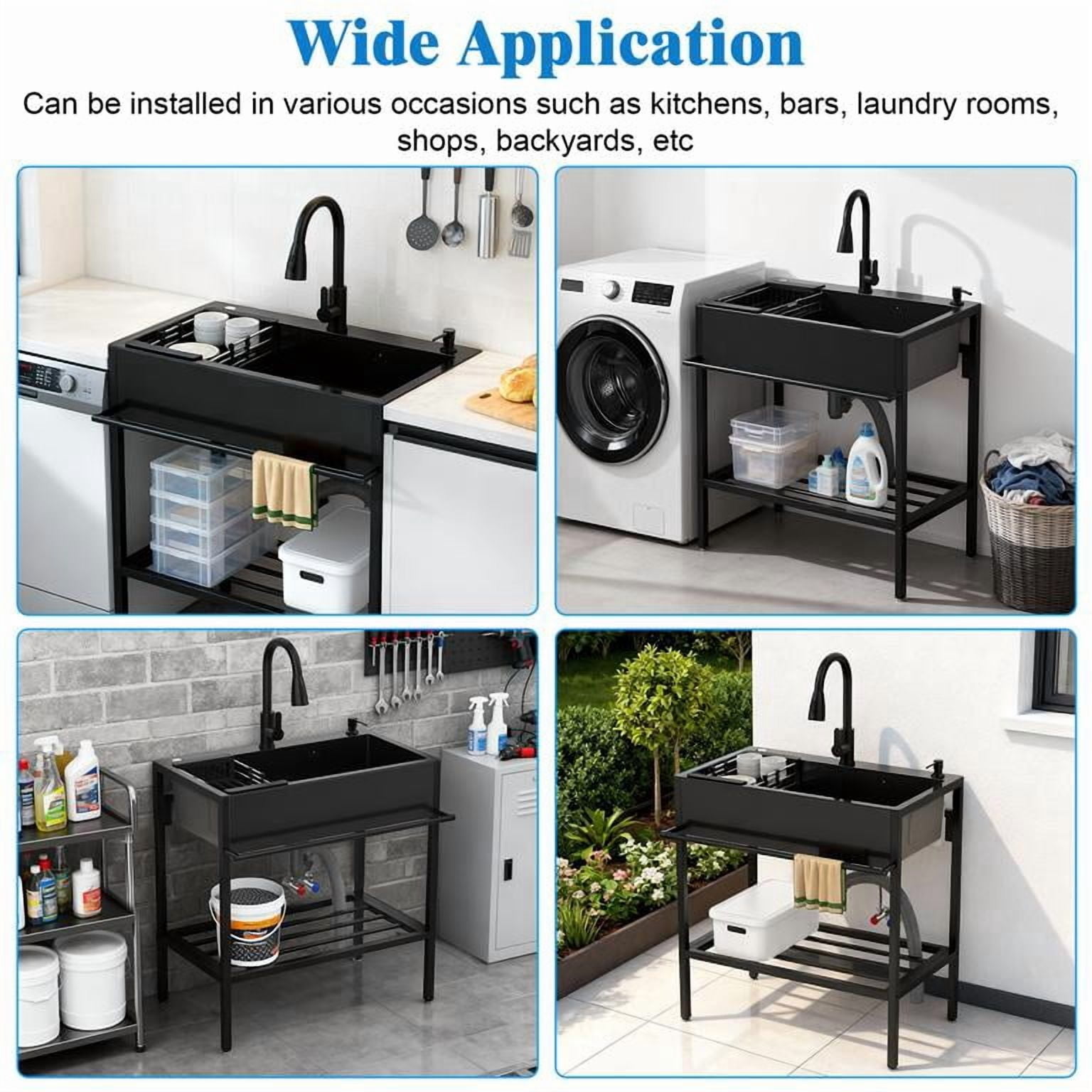 Mohsoe Single Bowl Utility Sink 80 x 45 x 86 cm, Stainless Steel Laundry Sink with 360° Rotatable Faucet, Built-In Storage Shelf, for Indoor Outdoor Garage Use