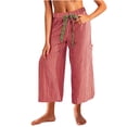 thumbnail image 2 of Penkiiy Wide Leg Lounge Pants Striped Mid Waisted Drawstring Beach Pants Capri Pants Trousers with Pockets M Red, 2 of 7