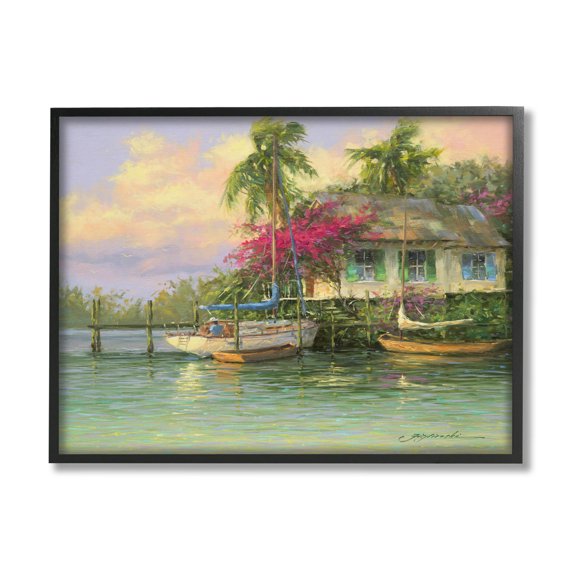 Tropical Vacation Seaside House Landscape Painting Black Framed Art Print Wall Art