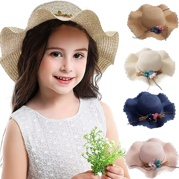 Baby Toddler Kids Girls Straw Sun Hat with Flower Floppy Summer Beach Hats