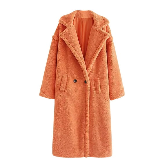 hoksml Women's Long Teddy Sherpa Fleece Coat Solid Color Notched Lapel Loose Thickened Warm Winter Jacket with Pockets