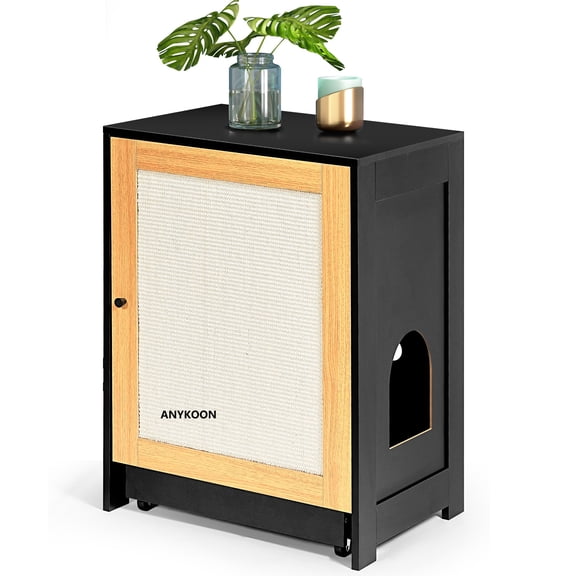 Anykoon Cat Litter Box Enclosure, Hidden Cat Washroom with sisal door, Kitty Cat End Table Litter cabinet ,Black