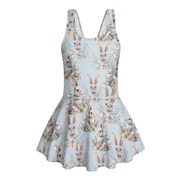 Renewold Girls Swimsuit with Shorts U Neck Skirted Bathing Suit with Skirt Stretch Soft Swimsuit One Piece Bathing Suit for Pool Girl Swim Dress 5-6, Cat Mushroom Heart Print