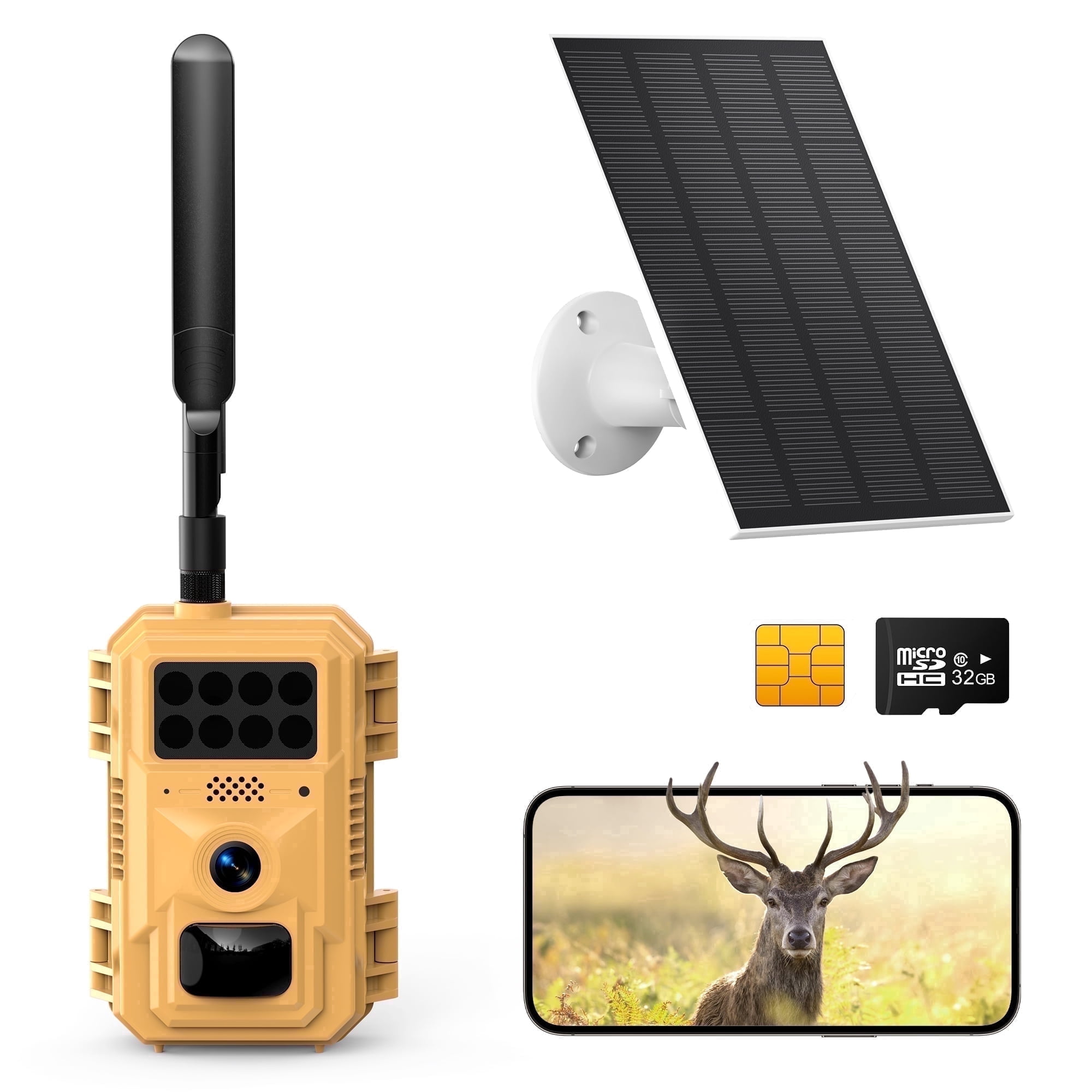 2K Cellular Trail Camera Solar Powered Game Camera with Night Vision Motion Activated Waterproof No WiFi Hunting Gear Trail Cam Sends Pictures to Cell Phone Deer Hunting Gift for Men
