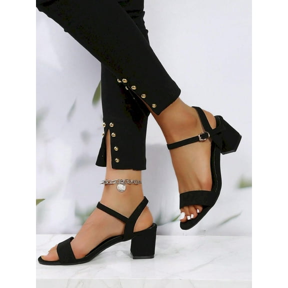 Women's Ankle Strap Sandals, Faux Suede Chunky Heeled Footwear