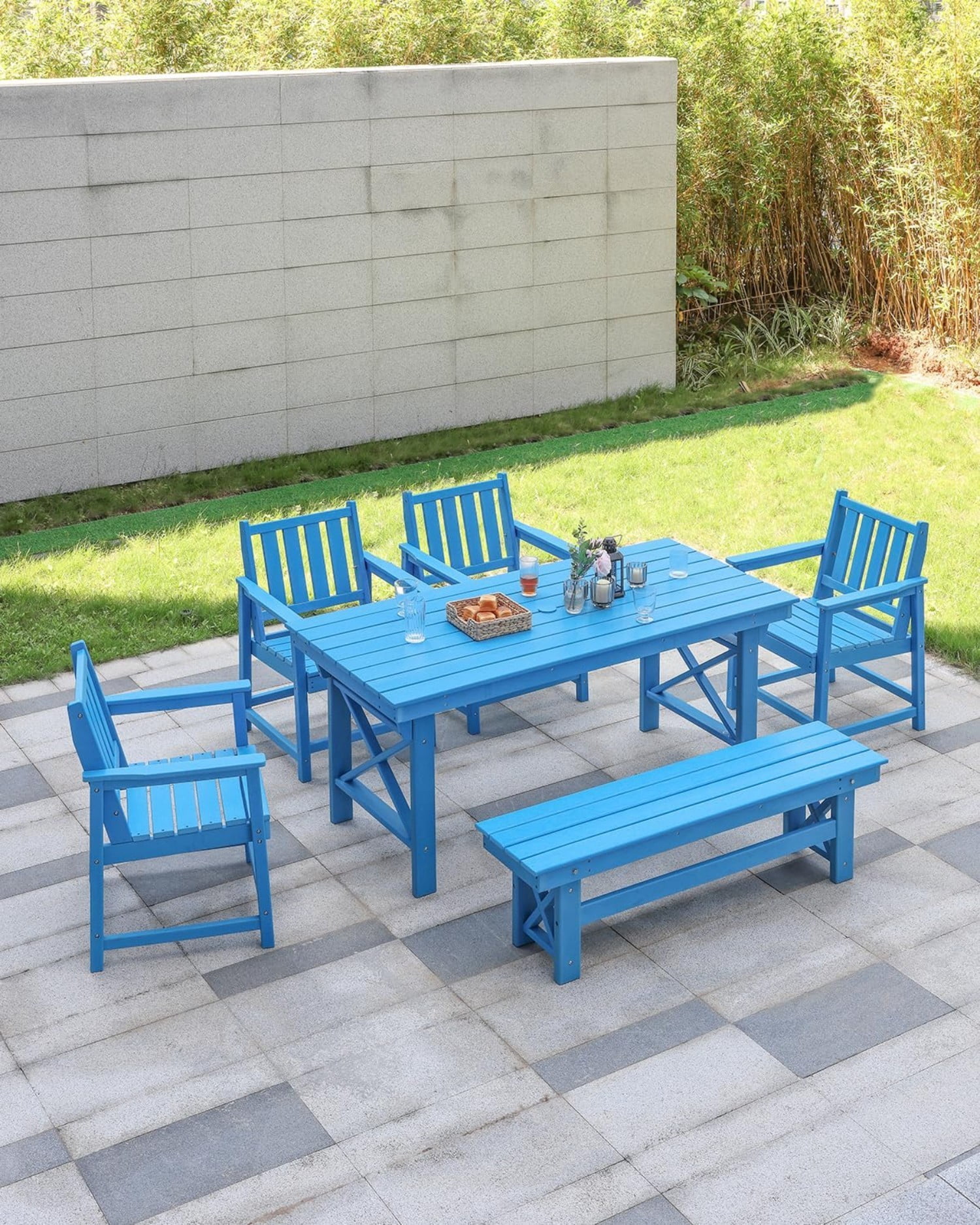 HDPE Outdoor Dining Table for 6, 66.9" Rectangle Patio Dining Table with 2.2" Umbrella Hole, All Weather HDPE Outdoor Table for Backyard, Deck, Garden, Poolside, Sky Blue