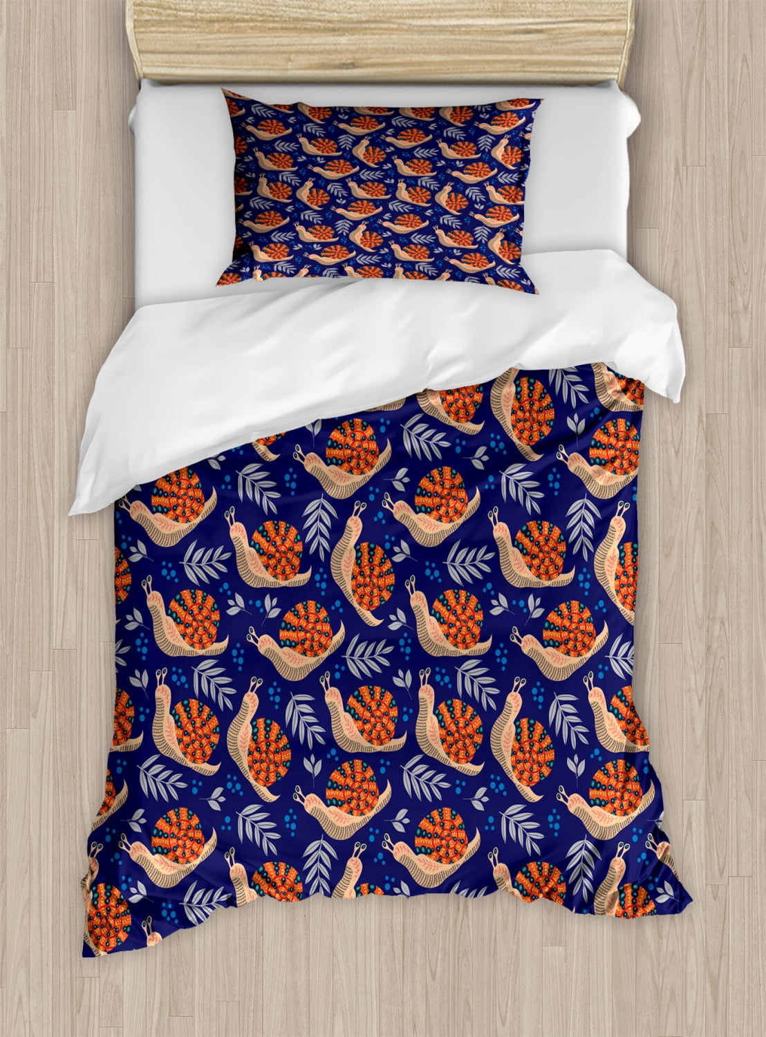 Snail Duvet Cover Set Twin Size, Leaves and Snails on an Indigo Tone