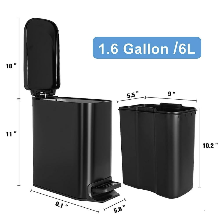 Small Bathroom Trash Can With Lid Matt Black Soft Close, 6 Liter / 1.6