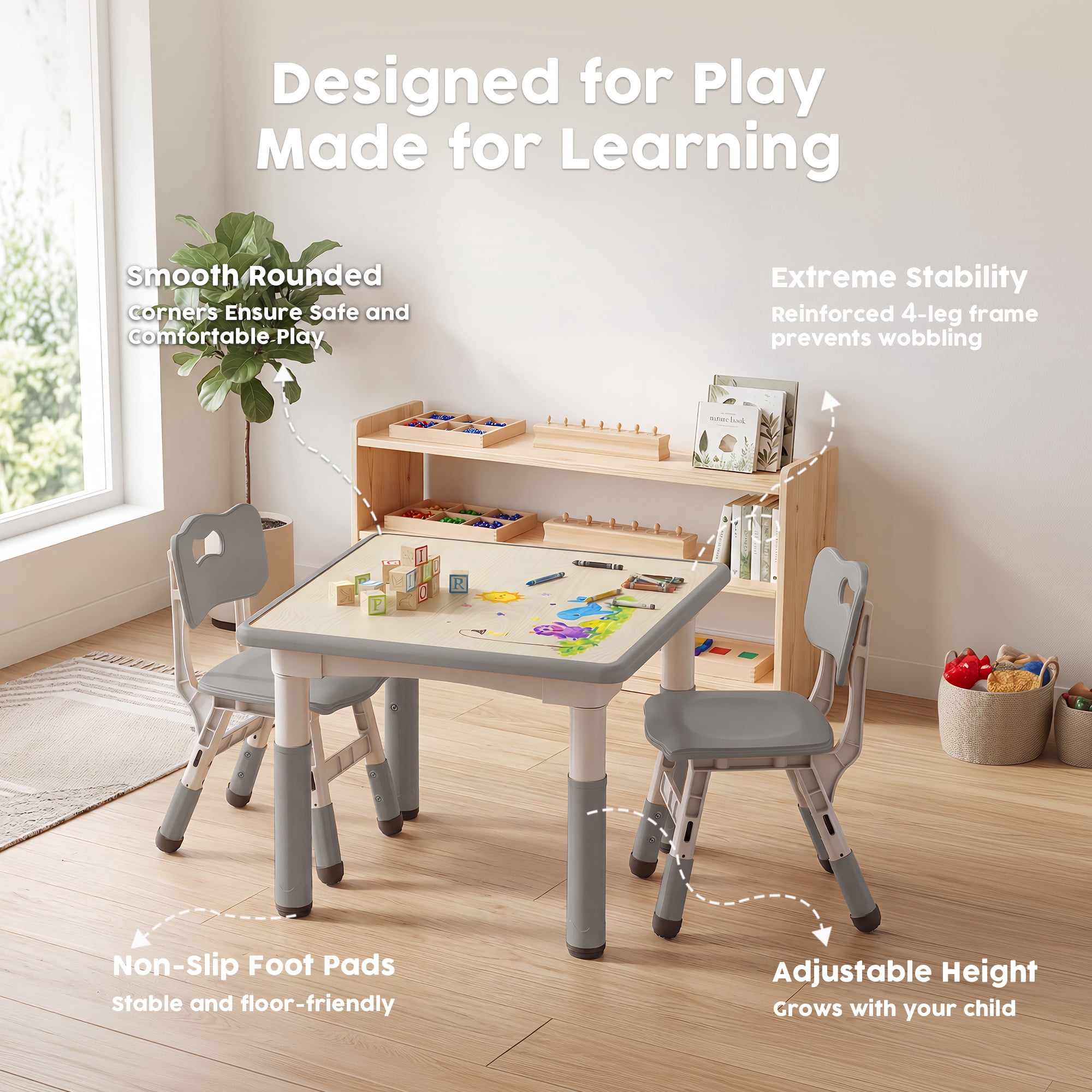 LINLUX Kids Table and 2 Chairs Set, Height Adjustable Table & Chairs, Activity Table for Toddlers, Basic Gray