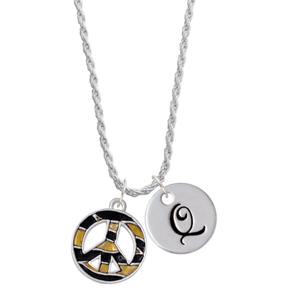 Delight Jewelry Silvertone Large Brown Tiger Print Peace Sign Silvertone Script Initial Disc - Q - Charm Necklace, 20"+3"