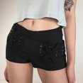 thumbnail image 4 of Pantalones cortos cargo góticos con ojales y parches para mujer, estilo punk, de mezclilla de cintura baja, ajustados y oscuros., 4 of 6