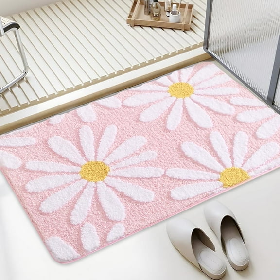 EVNELE Pink Bathroom Rugs Cute Daisy Bath Mat White and Yellow Flower Decor Rug Non Slip Floor Carpet Microfiber Bathmat Super Absorbent Machine Washable Bathtub Mats for Shower (24x36 inch)