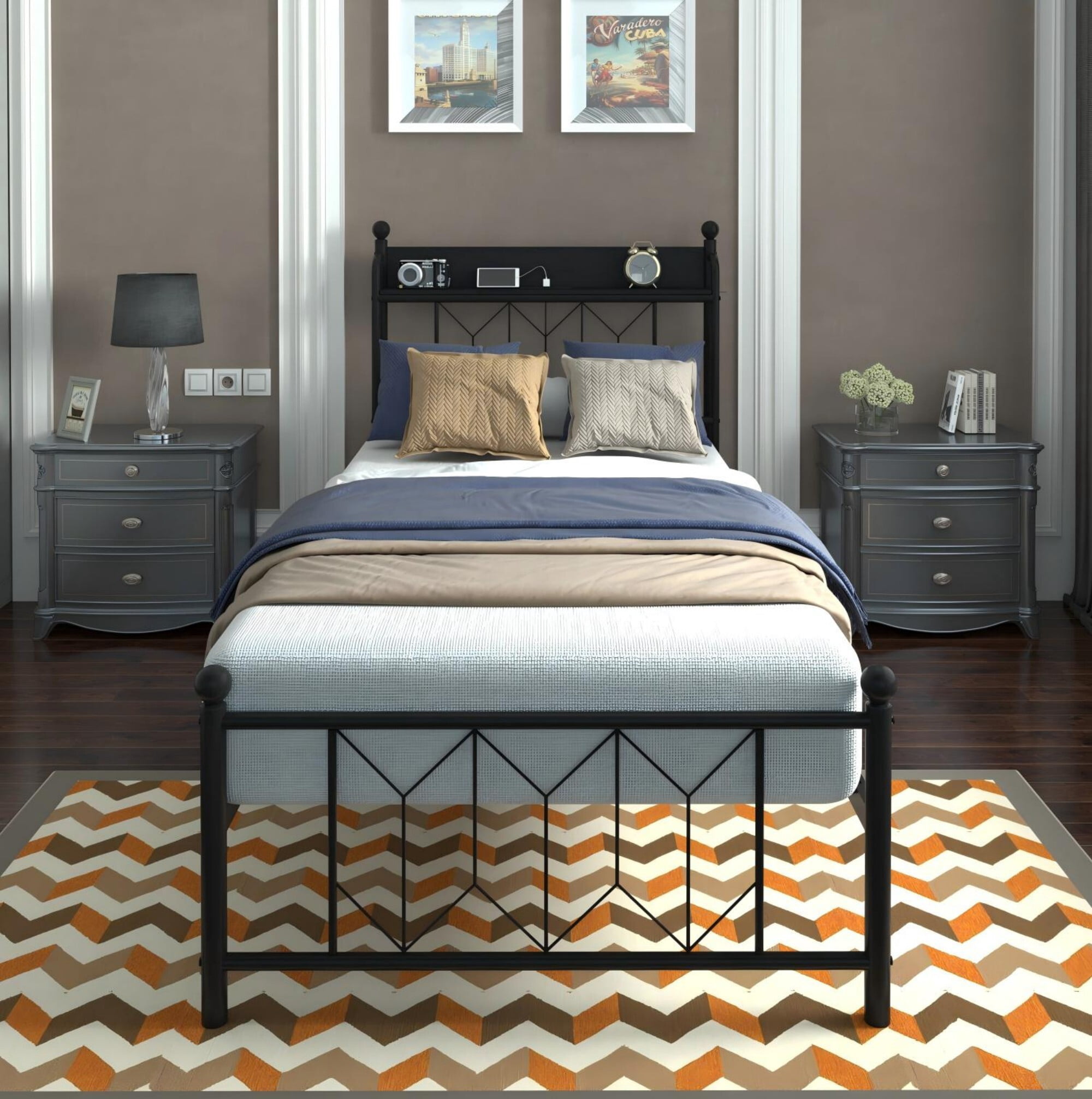 AENKYO Twin Bed Frame with LED Lights Headboard, Charging Station, Sturdy Metal Platform Bed with Shelf, Black