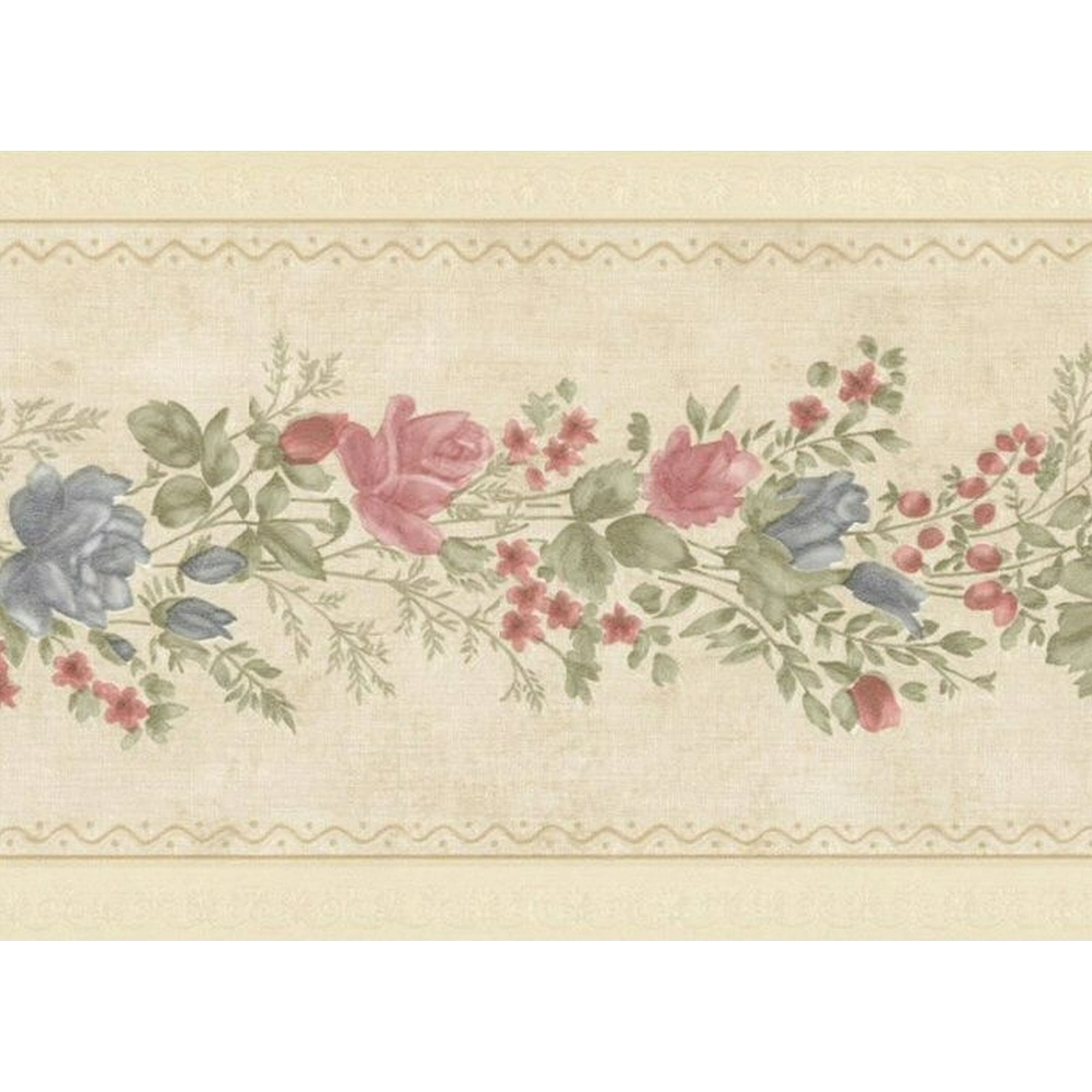 Prepasted Wallpaper Border Floral Olive Green Pink Grey Roses