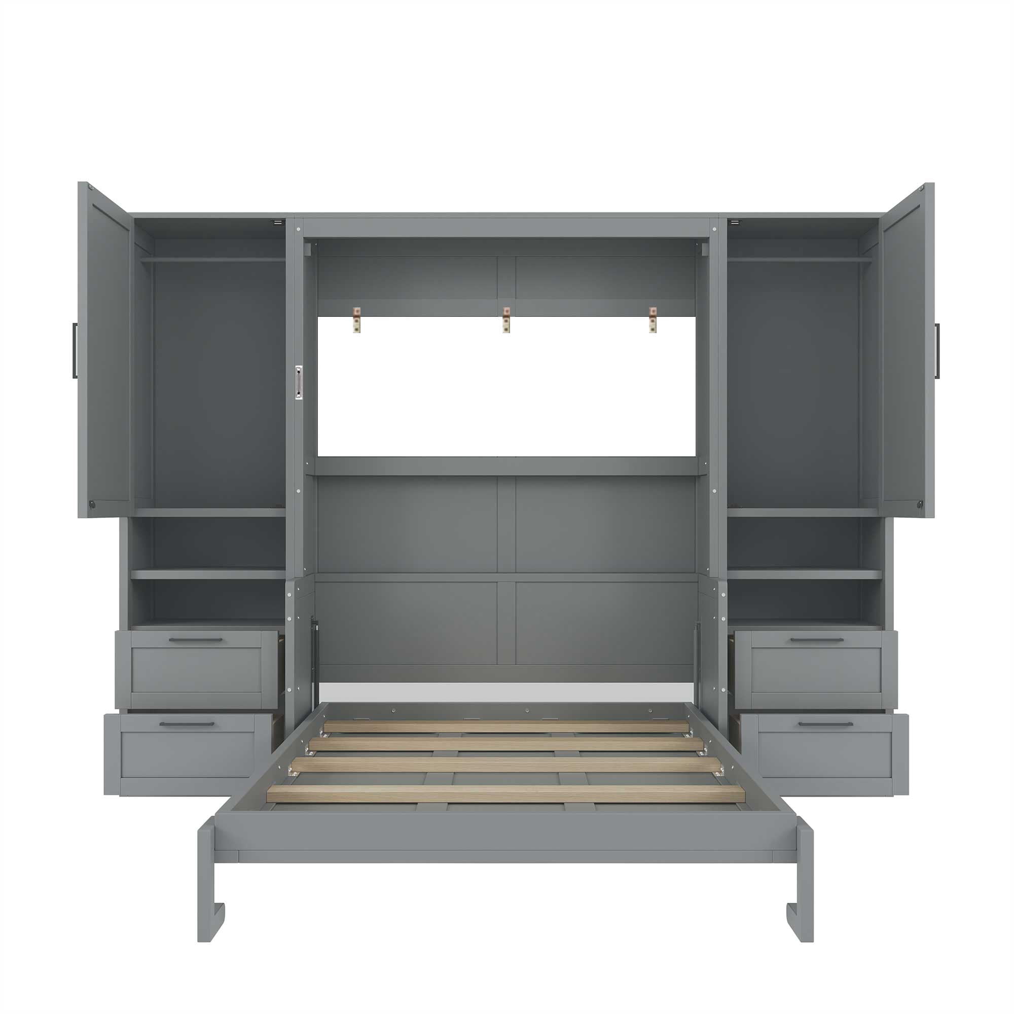 Full Size Murphy Bed with 2 Closet, 4 Drawers and Shelves for Space-Saving Guest Room