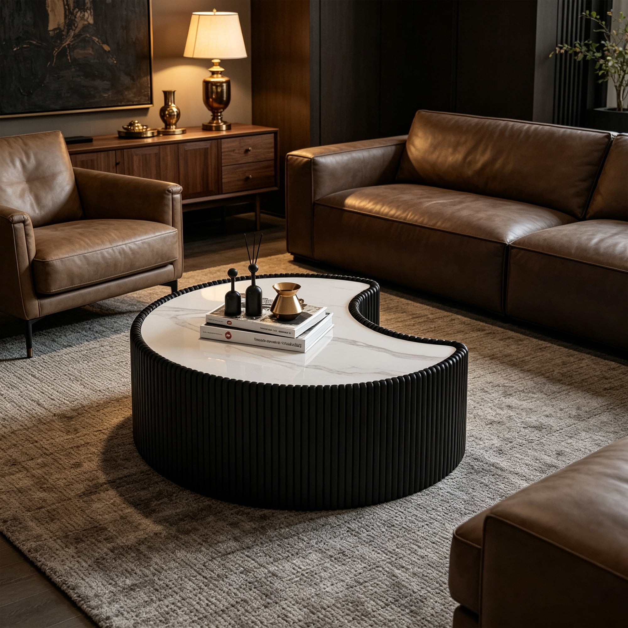 Sintered Stone Coffee Table 29.53 Inch, Irregular Shape Leather Top for Living Room Office, Black