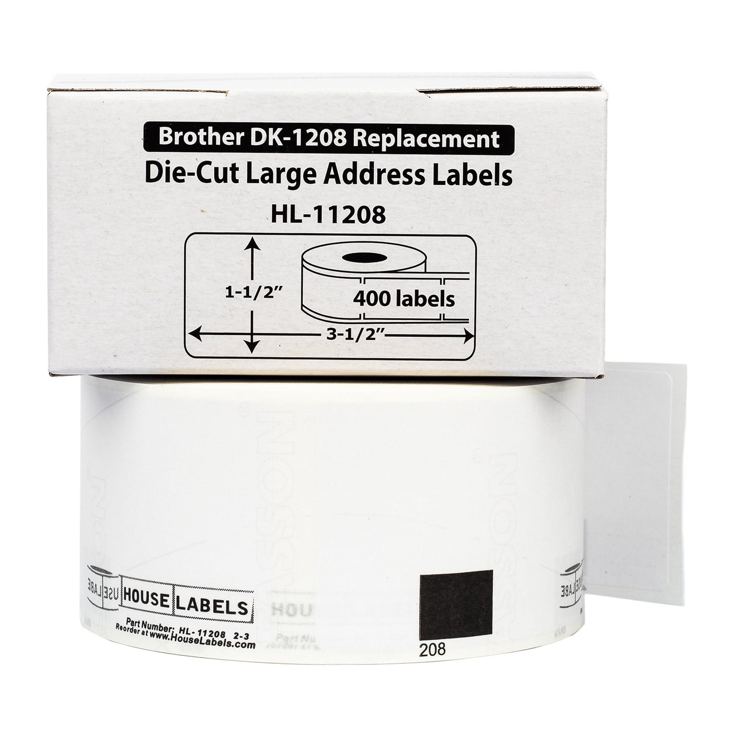 HOUSELABELS Compatible with DK-1208 Replacement Roll for Brother QL Label Printers; 400 Address Labels; 1-1/2" x 3-1/2” (38mm*90mm) with 1 REUSABLE CARTRIDGE - 6 Rolls