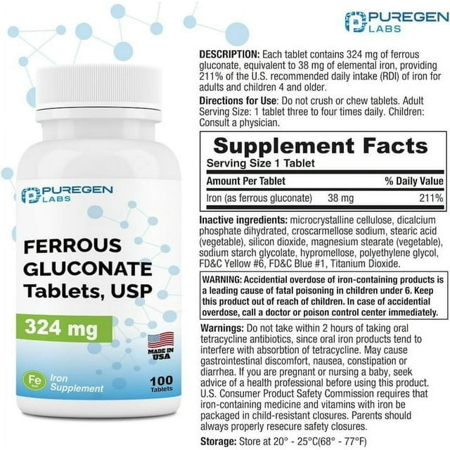 Puregen Labs Ferrous Gluconate Iron Supplement, 100 Tablets, 3PK
