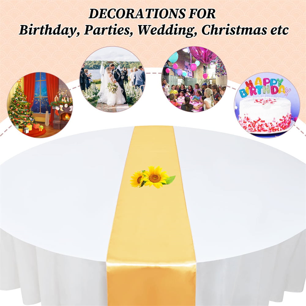  12 Pack 12x108 Inch Satin Table Runner and 84 Inch Round  Plastic Tablecloths Set Black and Gold Disposable Round Table Cover for  Graduation Wedding Bridal Shower Anniversary Birthday Party Decorations 