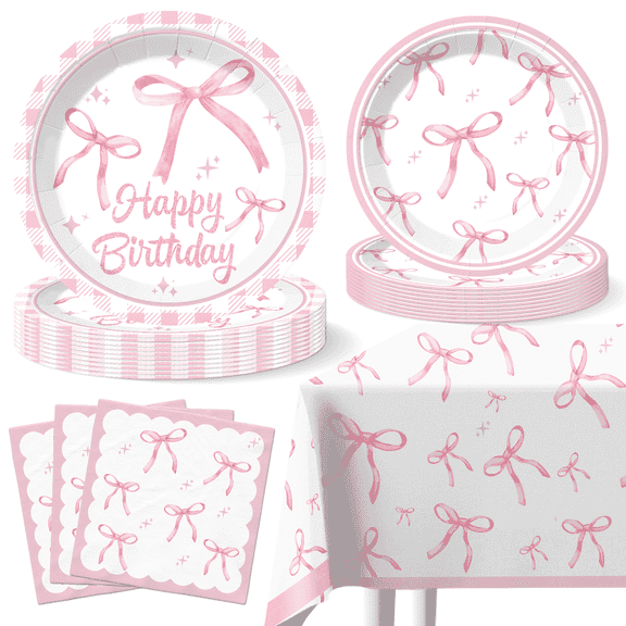 Morabloomy Pink Coquette Birthday Party Supplies Paper Plates Napkins Tablecloth Set