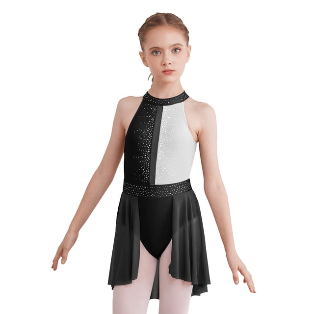 TTAO Robe de Danse Ballet Lyrique Sans Manches pour Filles, Robe de Patinage Artistique, Justaucorps de Gymnastique, Ballerine, Noir&Blanc 6