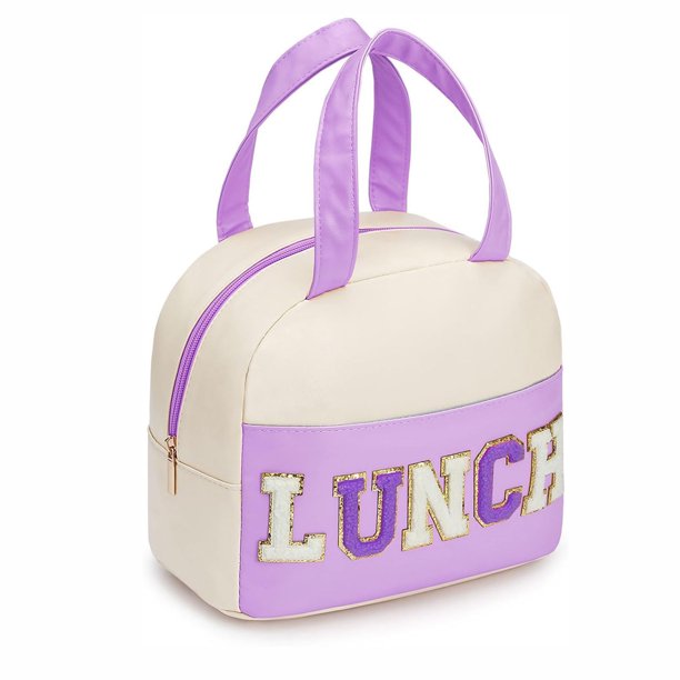 Bolsa de almuerzo para mujer, bolsa de almuerzo aislada, bolsa de almuerzo pequeña de cuero para oficina, bolsa de almuerzo para trabajo con letras de chenilla, bolsa térmica a prueba de fugas, bolsa