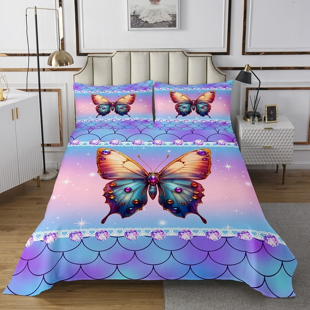 Erosebridal Girly Butterfly Coverlet Set Twin, Psychedelic Galaxy Stars Bedding Set, 2pcs