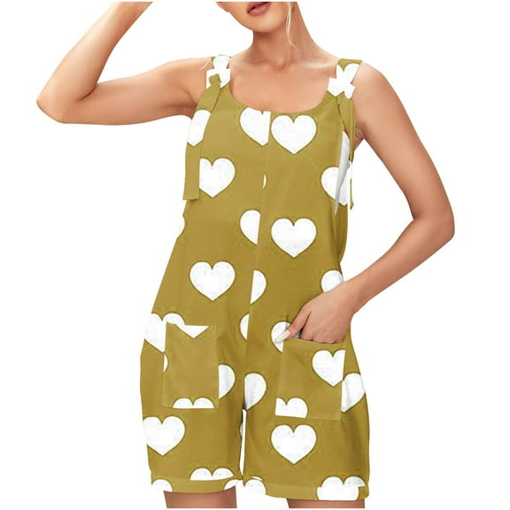 YeJammarp 2025 Linen Womens Romper Shorts Heart Print Loose Cute Jumpsuit Summer Casual Onesie Tank Rompers with Pocket (XL, Yellow)