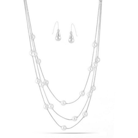 Silver Tone White Jewelry Set - Cream Glass Pearl Silver-Tone Three-Strand Layered Station Necklace and Earrings Set