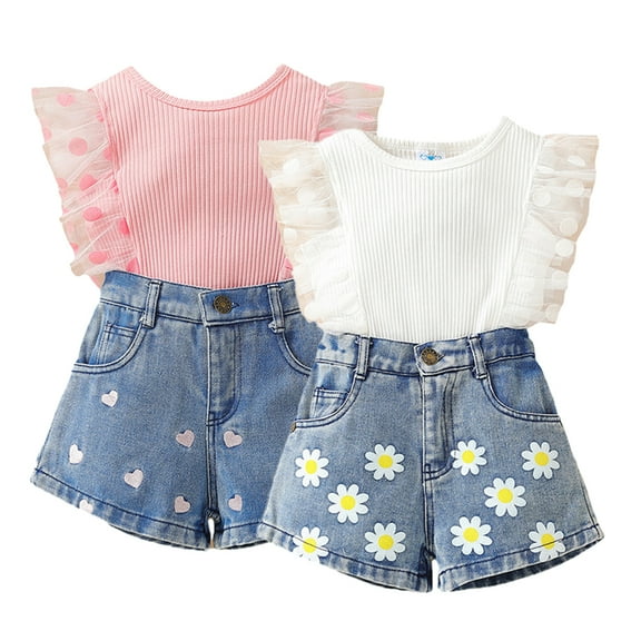 Paokuoon Toddler Kids Girls Clothes Outfits Lace Sleeveless T-Shirt Tops and Denim Shorts Summer Love Printed 2 Piece Set 1-6 Years
