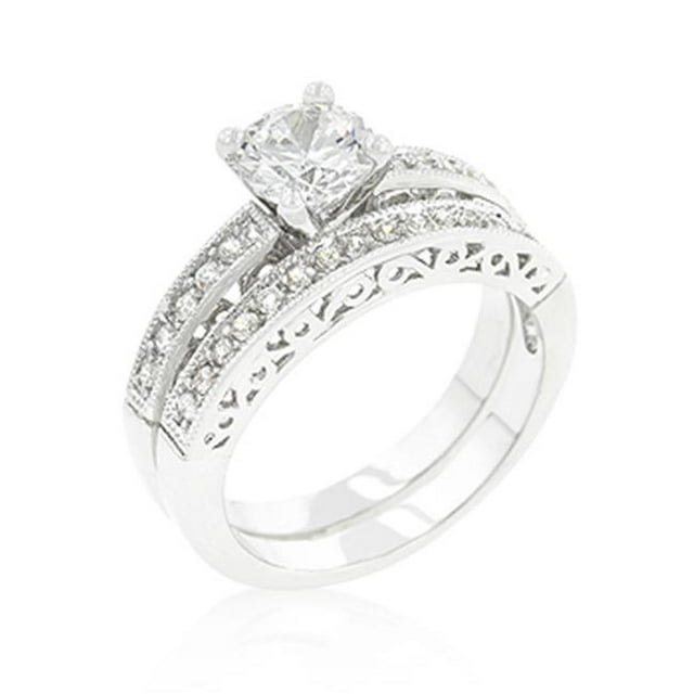 Véritable Bague de Fiançailles Plaquée Rhodium Sertie de Zircone Cubique Ronde Taillée le Long de la Tige Filigrane avec 1,6 Carat Pierre Centrale en Silvertone - Taille 8