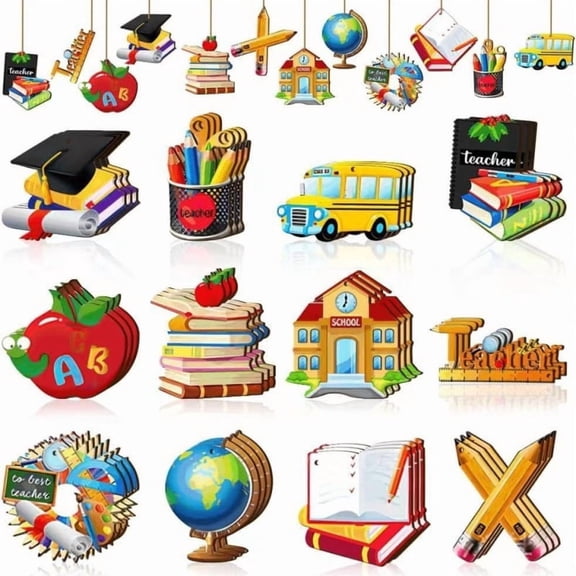 36 Pcs Wooden Back to School Hanging Ornaments, Classroom Decoration Set, Teacher Appreciation Party Supplies with Jute Twine