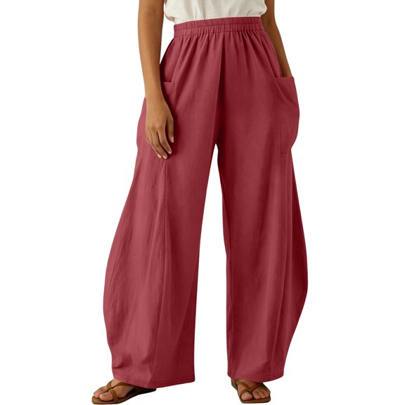 IYYVV Womens Elastic High Waist Wide Leg Barrel Pants Flowy Baggy Balloon Trousers Summer Beach Pants Vacation Wine 2XL
