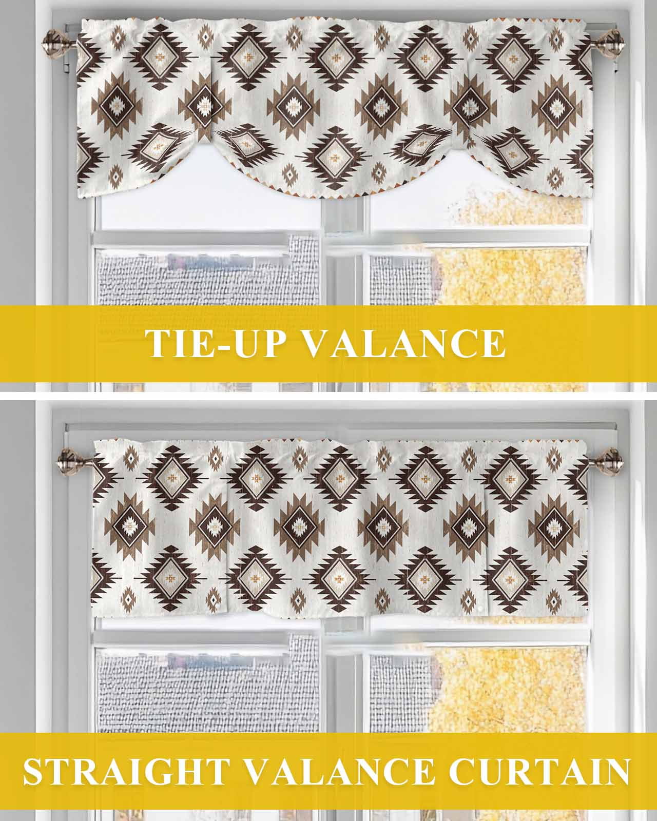 Khaki Brown Tie Up Valances Curtain, Adjustable Kitchen Aztec Ethnic Southwestern Native Geometric Valances for Windows Decor, Rod Pocket Short Curtains Set for Bedroom/Bathroom, 54"x18"