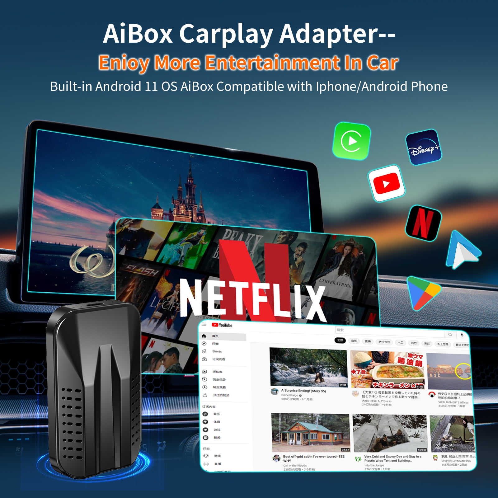 Wireless Magic Box 3.0 CarPlay AI Box Adapter for Car Stereo Factory,5G Wifi Apple CarPlay& Android Auto ,Bluetooth/Siri/GPS,Support Google/YouTube/Tiktok/TF Card, Plug and Play
