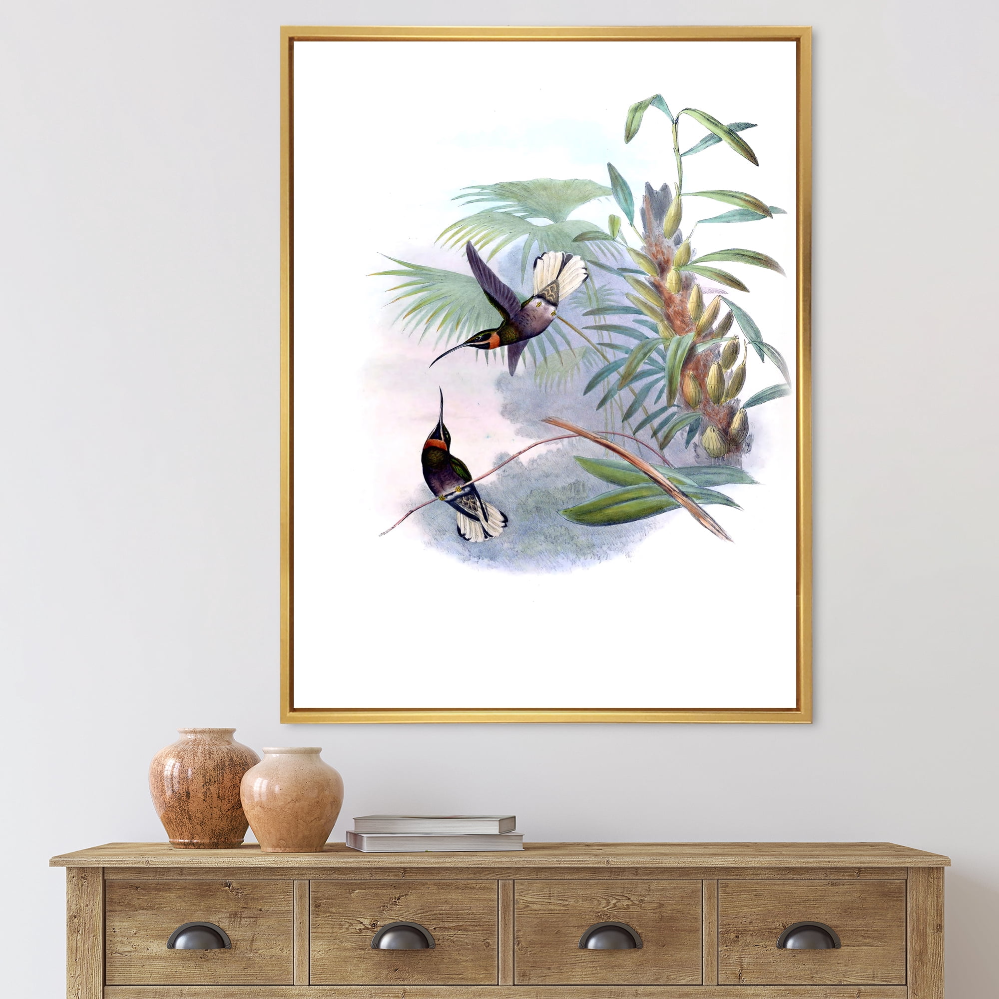 Designart 'Ancient Hummingbird On A Branch' Traditional Framed Canvas Wall Art Print