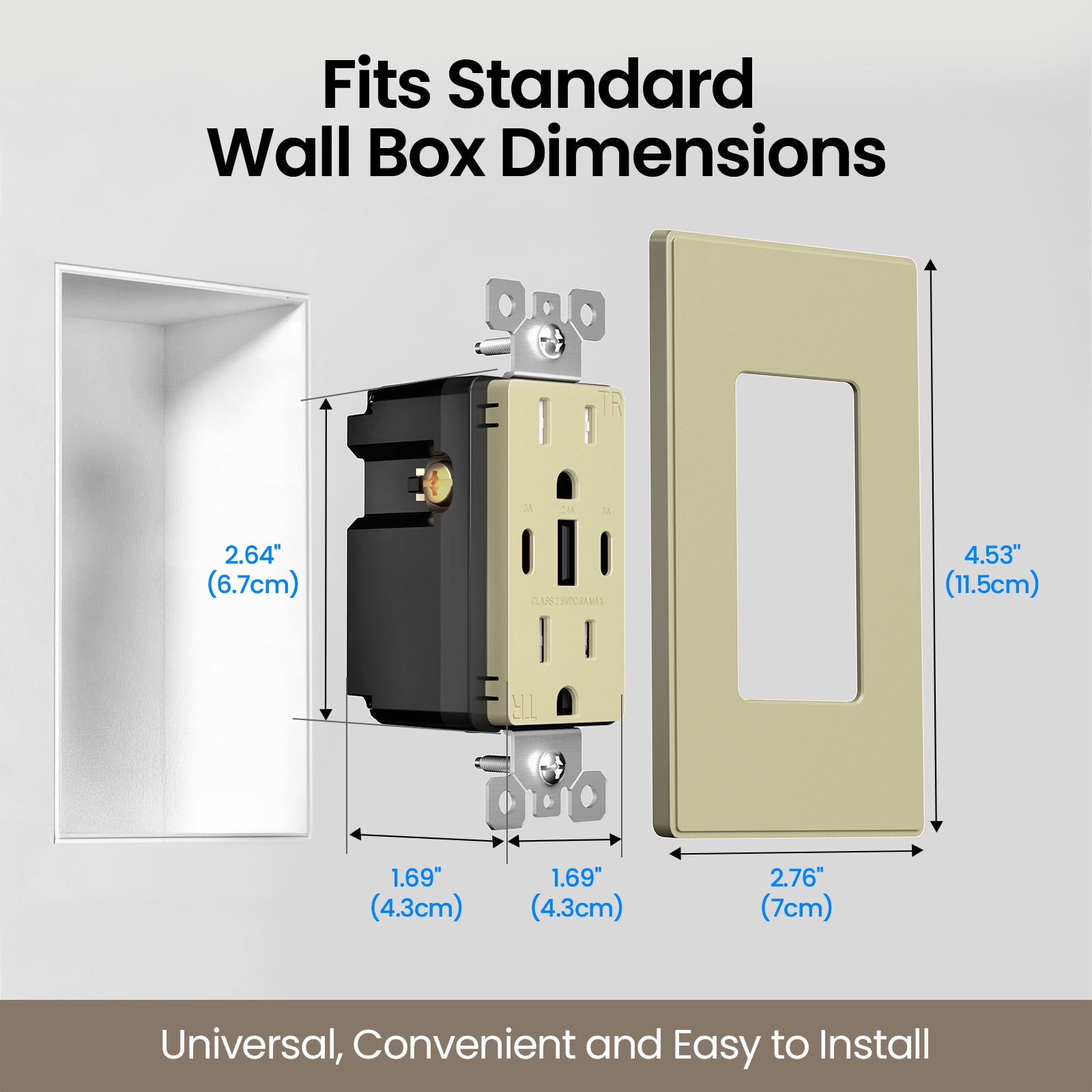 ELEGRP 30W 6.0 Amp 3-Port USB Wall Outlet, 15A Duplex Receptacle with Dual Type C & A Ports,UL Listed,w/Srewless Wall Plate, Matte Ivory 1PC