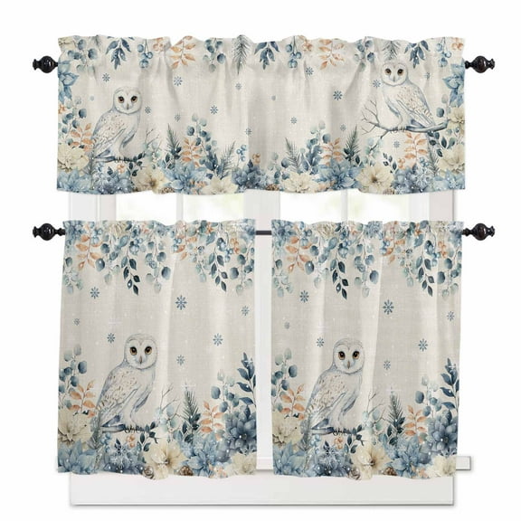 Christmas Owl Kitchen Curtains and Valances Set, Blue Eucalyptus Leaves Floral Winter Linen Rod Pocket Window Valance Window Curtain Panels for Living Room Bedroom Laundry, 27.5x36in, 3 Pieces