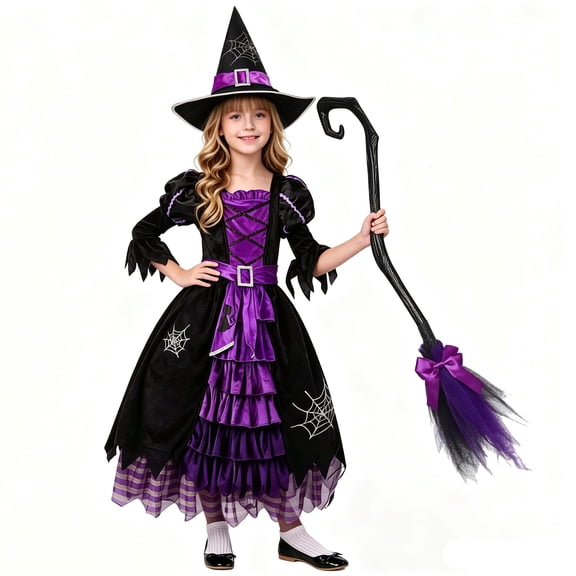 Girls Purple Black Witch Halloween Costume Set, Kids Witch Dress with Pointed Hat & Detachable Witch Broom, Halloween Fancy‑Dress Cosplay Outfit for Little Girls