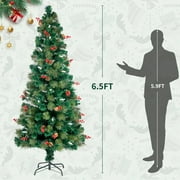 6.5FT Green Christmas Tree, Pre-Lit Artificial Xmas Tree with Colorful Candle Lights, Hinged Quick DIY Design, Pinecone and Berry Decoration