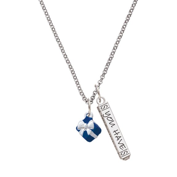 Delight Jewelry Silvertone Small 3-D Blue Present Box with Bow Silvertone Live the Life You Have Imagined Bar Charm Necklace, 23"