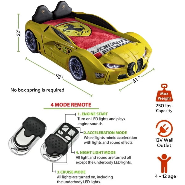 GTM Twin Race Car Bed for Kids with LED Headlights, Sound FX, Remote Control and Realistic Design, Sturdy and Fun Sleep Solution