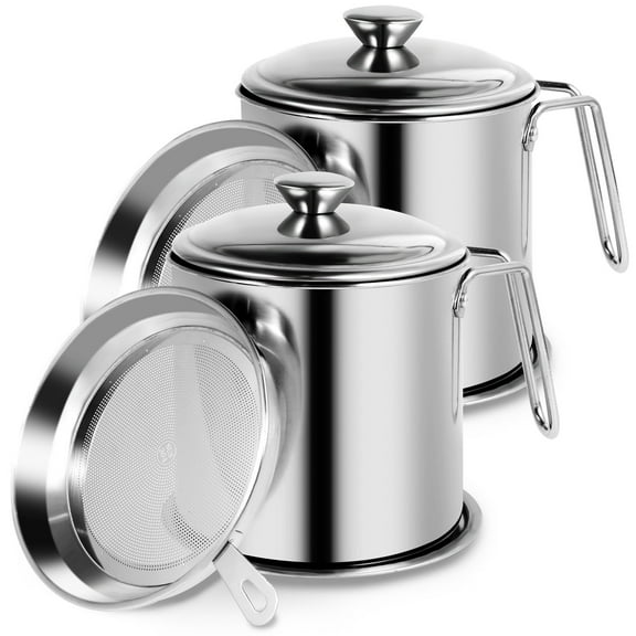 Oil Strainer Pot 1.8L Stainless Steel Oil Storage Can with Strainer and Dust-Proof Lid Reusable Grease Saver Wide Mouth Oil Filter Pot for Storing Frying Oil and Cooking Grease