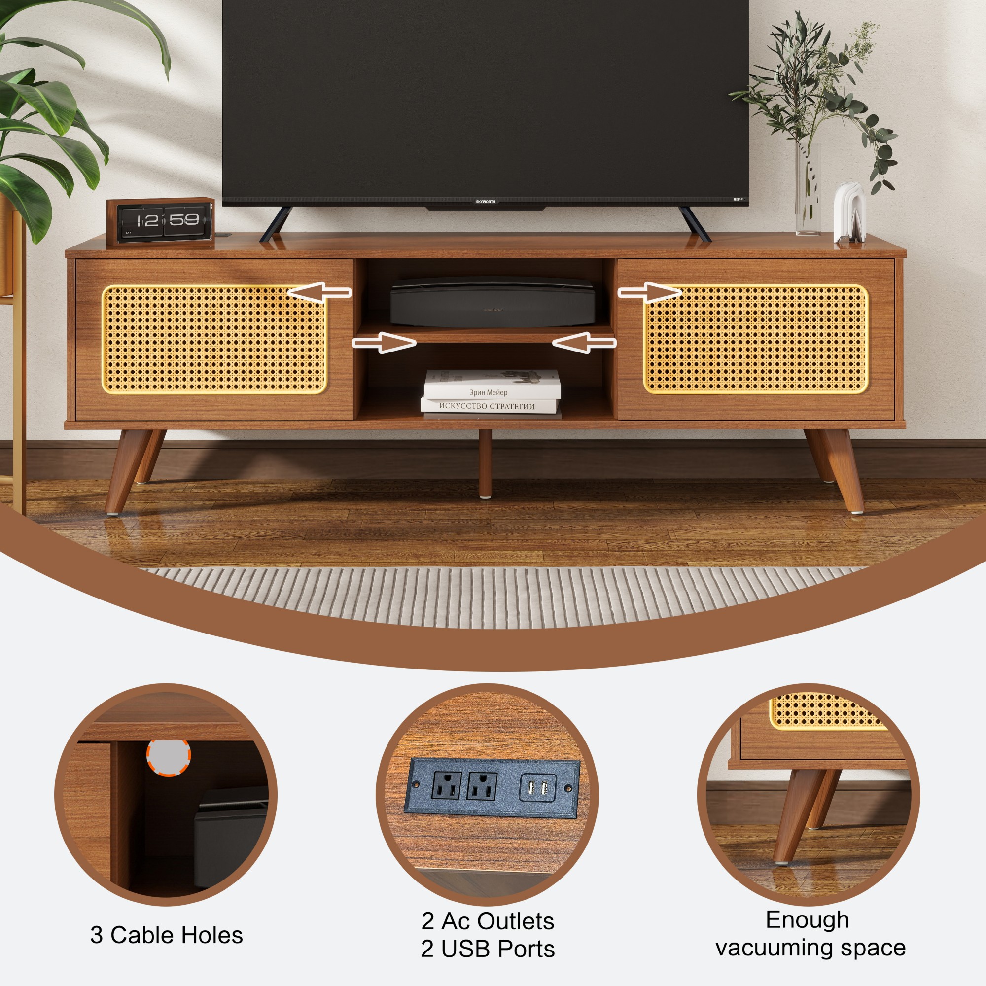 TV Stand for TVs up to 65",Modern Rattan Entertainment Cabinet Media Console for Living Room Bedroom,Black Brown