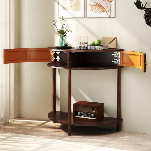 Aukfa Half Moon Console Table with Rattan Storage Cabinet,Side Table Sofa Table for Living Room, Hallway,Brown