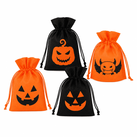 Halloween Candy Bags with Drawstring, 7X8 Inch Non-Woven Fabric, Reusable Trick Or Treat Bags for Kids Party Favors, Halloween Goodie Bags for Classroom