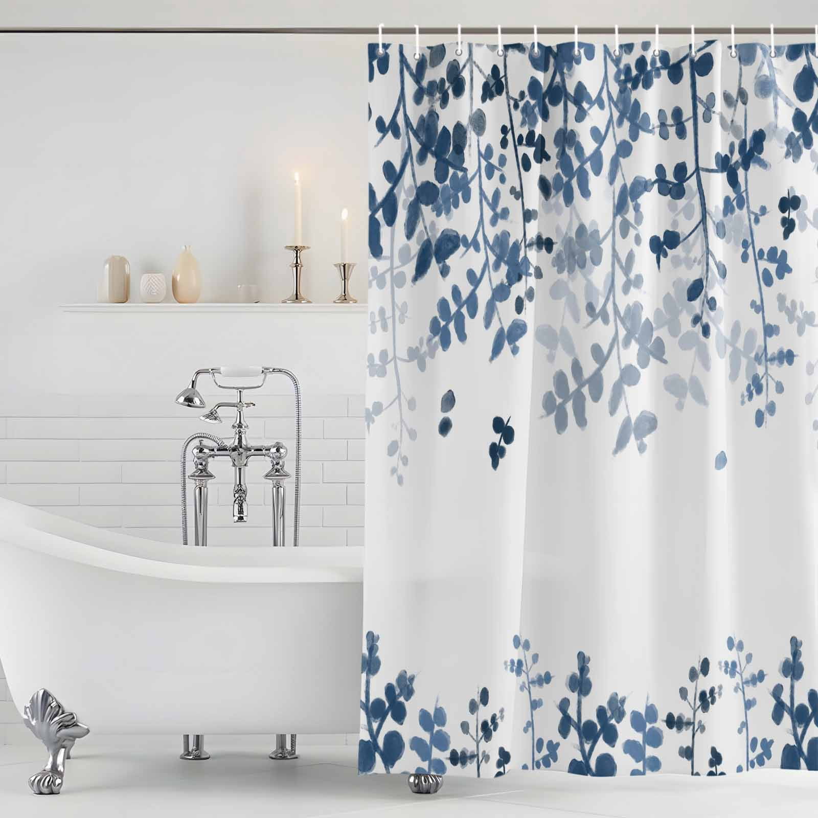 Blue Leaves Shower Curtain, Waterproof Shower Curtains for Bathroom, Summer Botanical Washable Fabric Bathtub Curtain Set Bath Decor with 12 Hooks Long 72"x84"