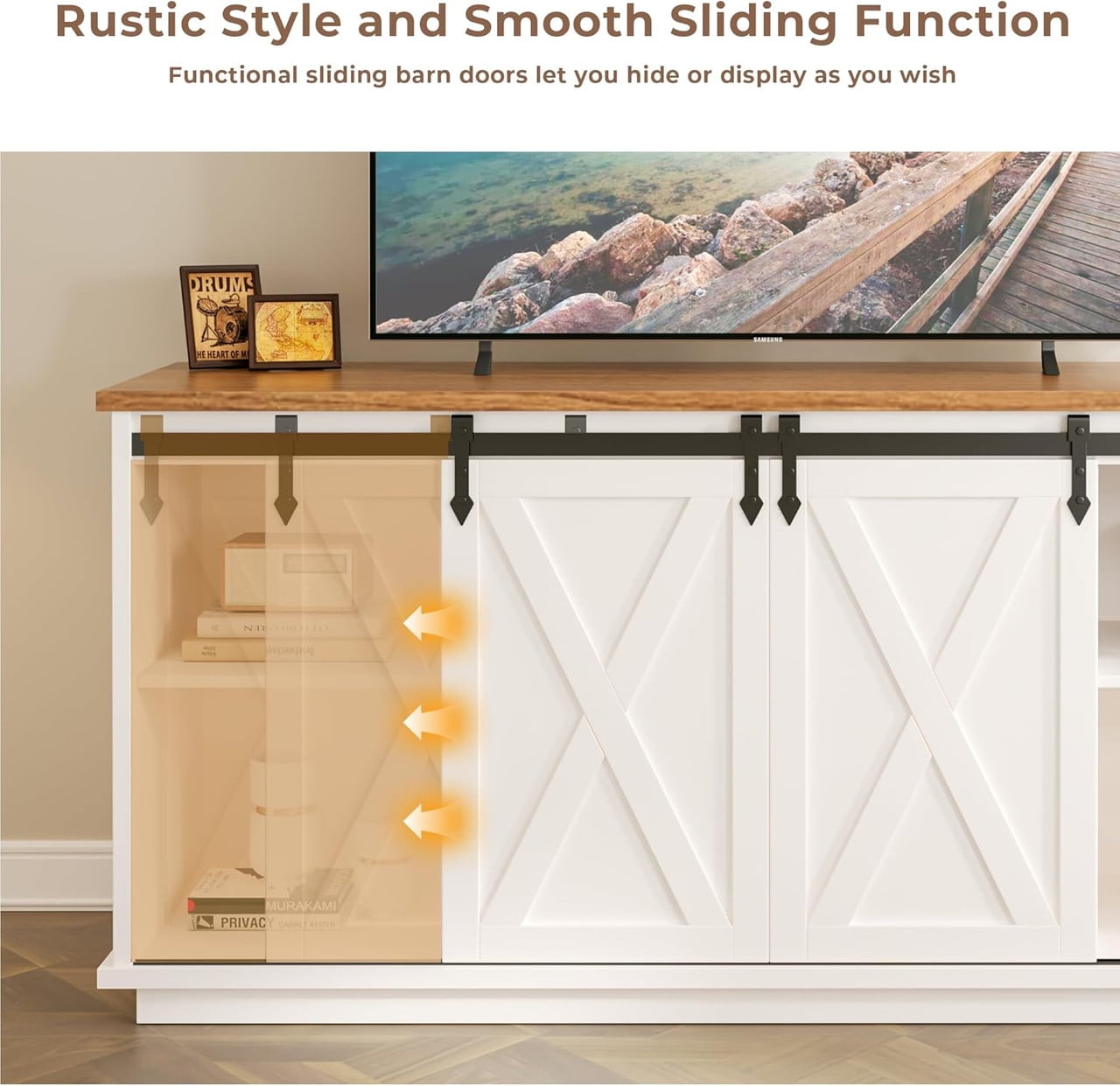 Bigleap 65 Inch TV Stand with Sliding Barn Doors, Adjustable Shelves Media Console, Farmhouse Entertainment Center for Living Room Storage，White