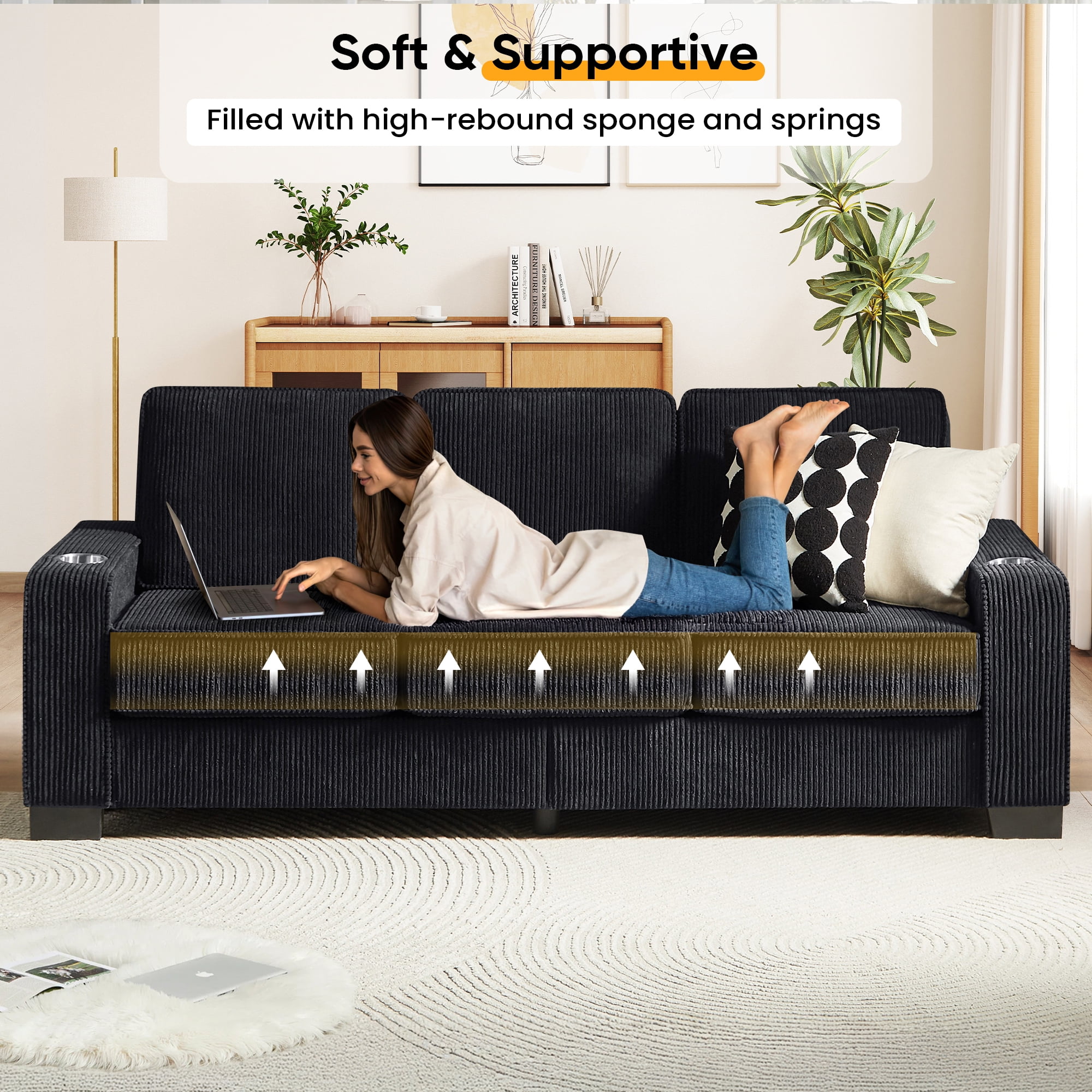 Lunale 83" Corduroy Sofa with Cup Holders, Modern 3-Seater Couch for Living Room, Apt., Black