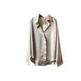 thumbnail image 2 of KOMOO Ladies Satin Shirt, Solid Color Single-breasted Long Sleeve Lapel Loose Blouse Casual Tops, 2 of 6